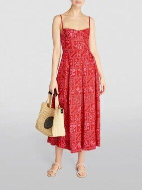 Agua Bendita Red Mambo Ipanema Escarlata Red Linen Printed Midi Summer Dress, XL